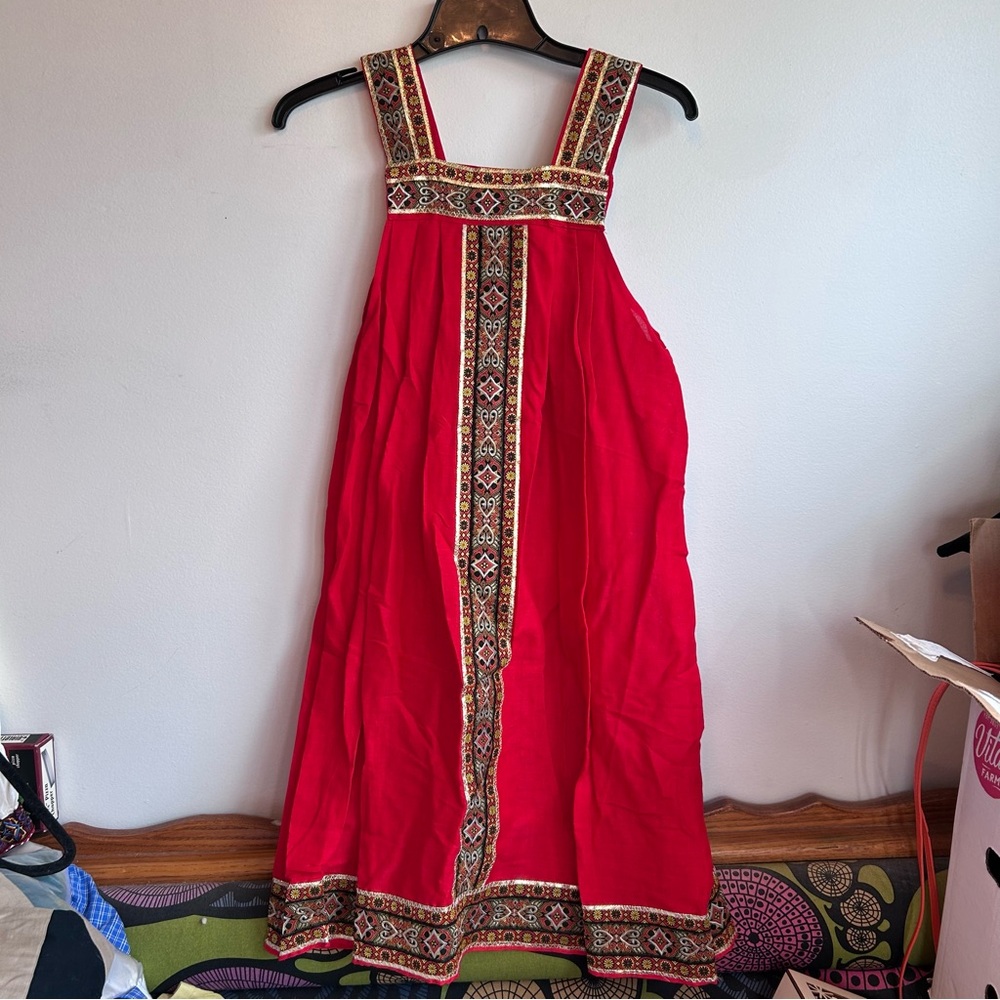 Embroidered Trim Red Traditional Boho Maxi Dress